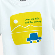 Closeup of 'Over the Hill' print design with a blue car on a yellow base on boys' white T-shirt, perfect for ages 4-12 years.