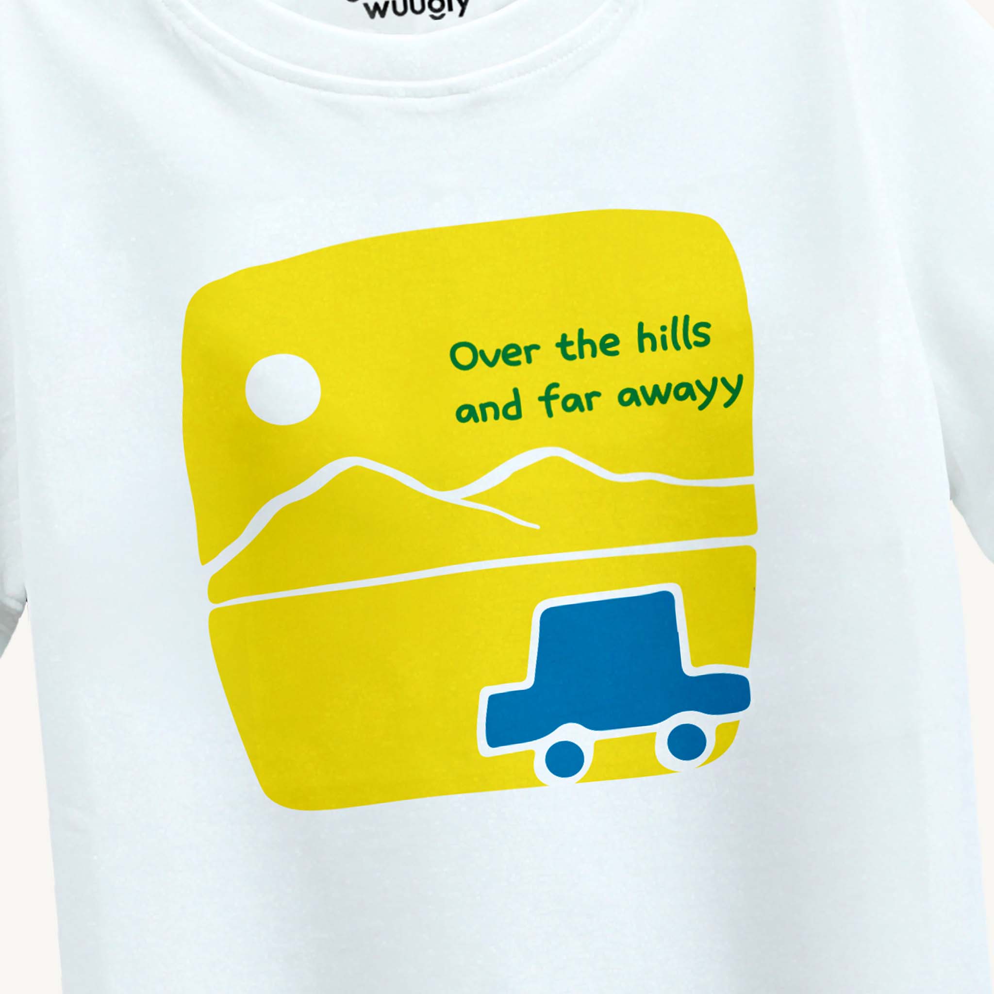 Closeup of 'Over the Hill' print design with a blue car on a yellow base on boys' white T-shirt, perfect for ages 4-12 years.
