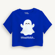 Front view of the Girls Halloween Wohoo Crop Top in Classic Blue featuring a playful Halloween design.