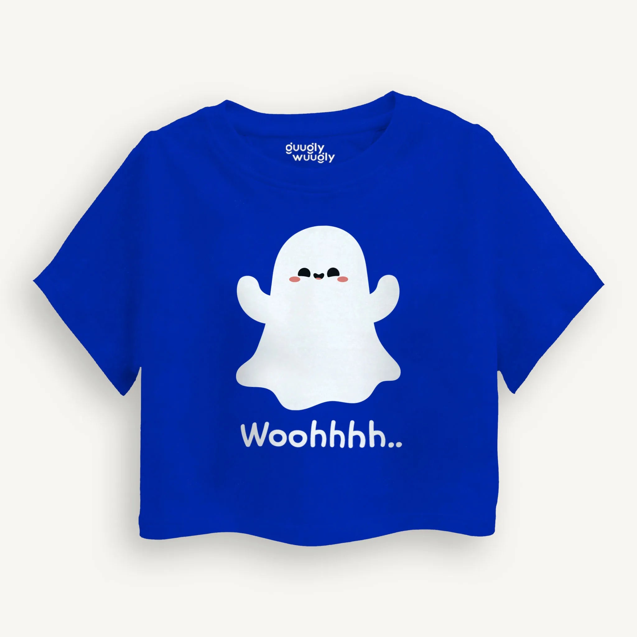 Front view of the Girls Halloween Wohoo Crop Top in Classic Blue featuring a playful Halloween design.