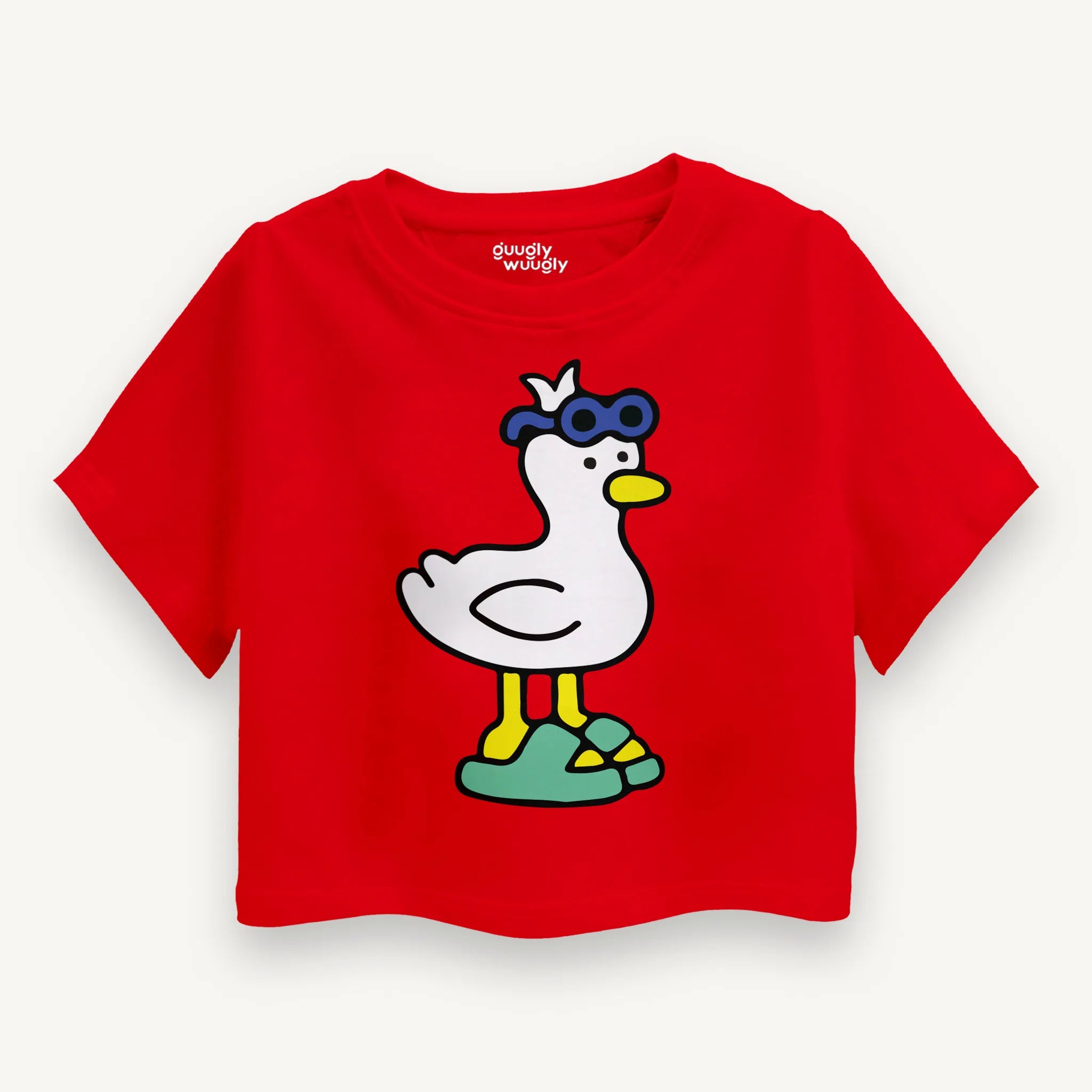 Front view of the Girls Cool Duck Crop Top in Red featuring a quirky duck design.