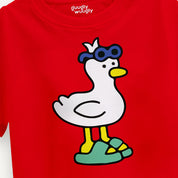 Close-up of the Girls Cool Duck Crop Top in Red highlighting the detailed duck print and soft fabric.
