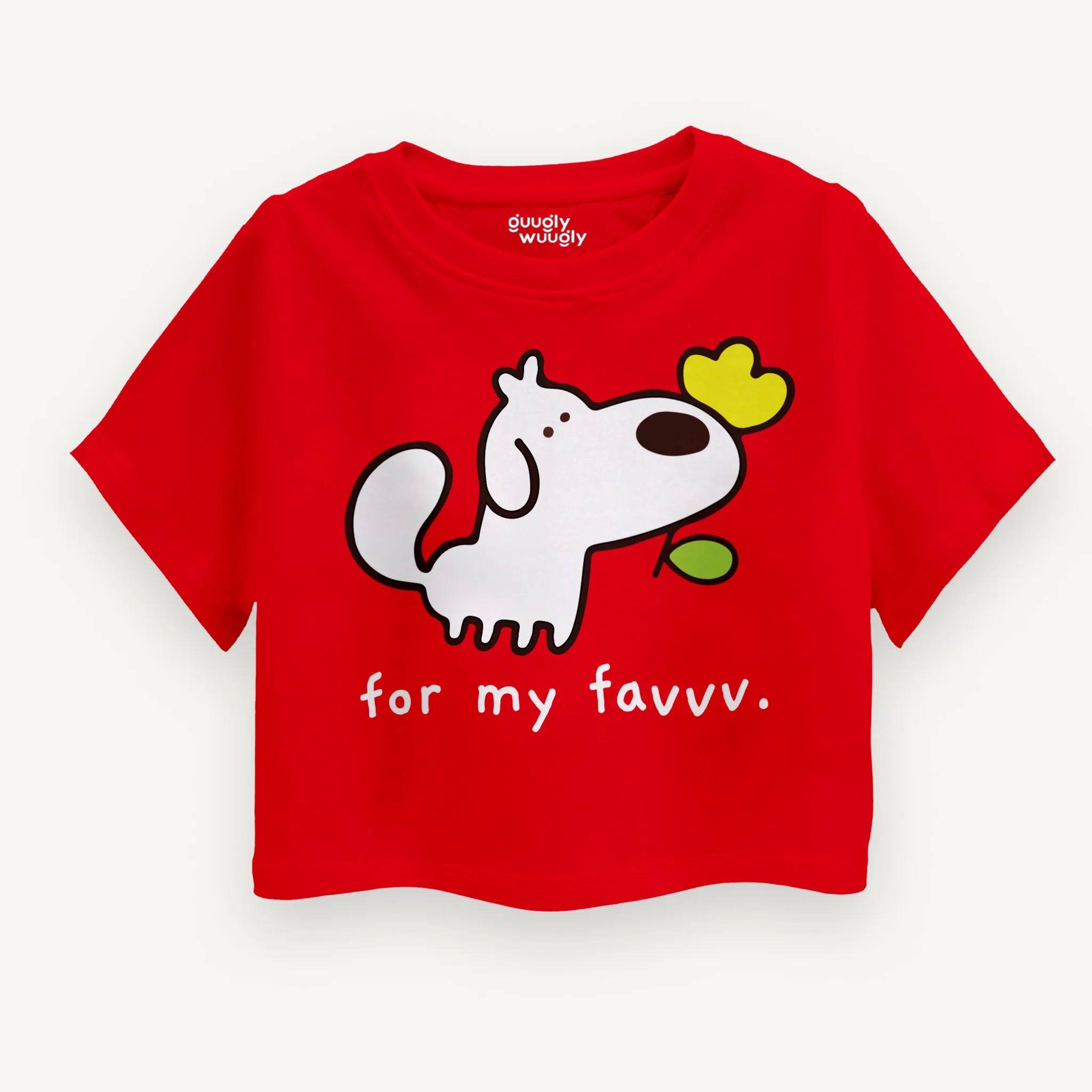 Front view of the Girls For My Favv Crop Top in Red featuring a cute dog design with a flower.