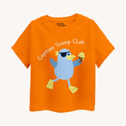 Orange t-shirt with a cartoon penguin and text on a white background