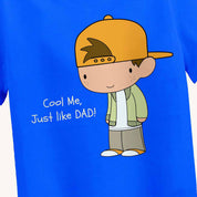 Blue t-shirt with a cartoon character wearing a cap and text on a blue background