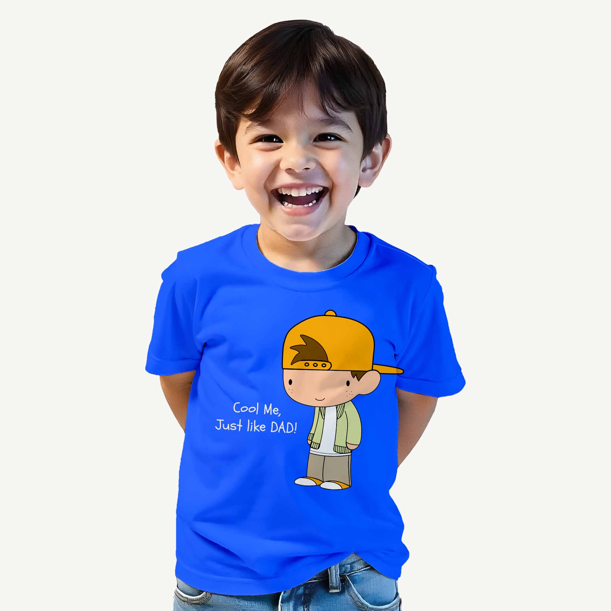 Child wearing a blue t-shirt with a cartoon character and text on a white background