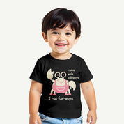 Child wearing a black t-shirt with a cartoon crab design and text.