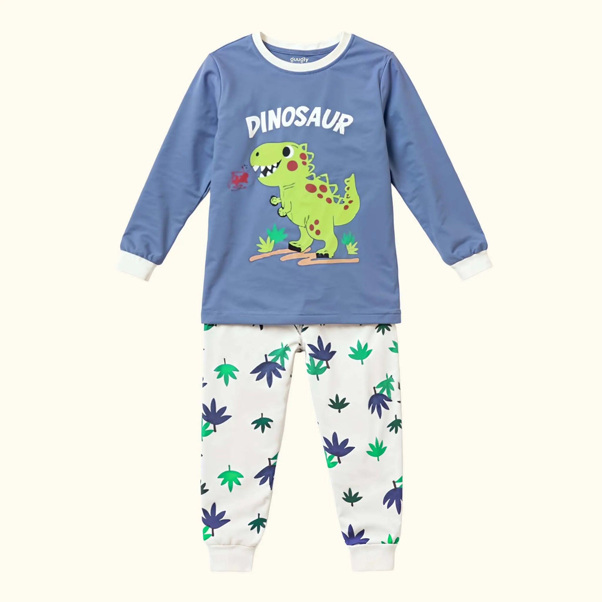 Children's nightsuit set with dinosaur design on a blue shirt and white pants with plant pattern.