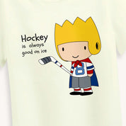 Cartoon character with a hockey stick and text 'Hockey is always good on ice' on a light background