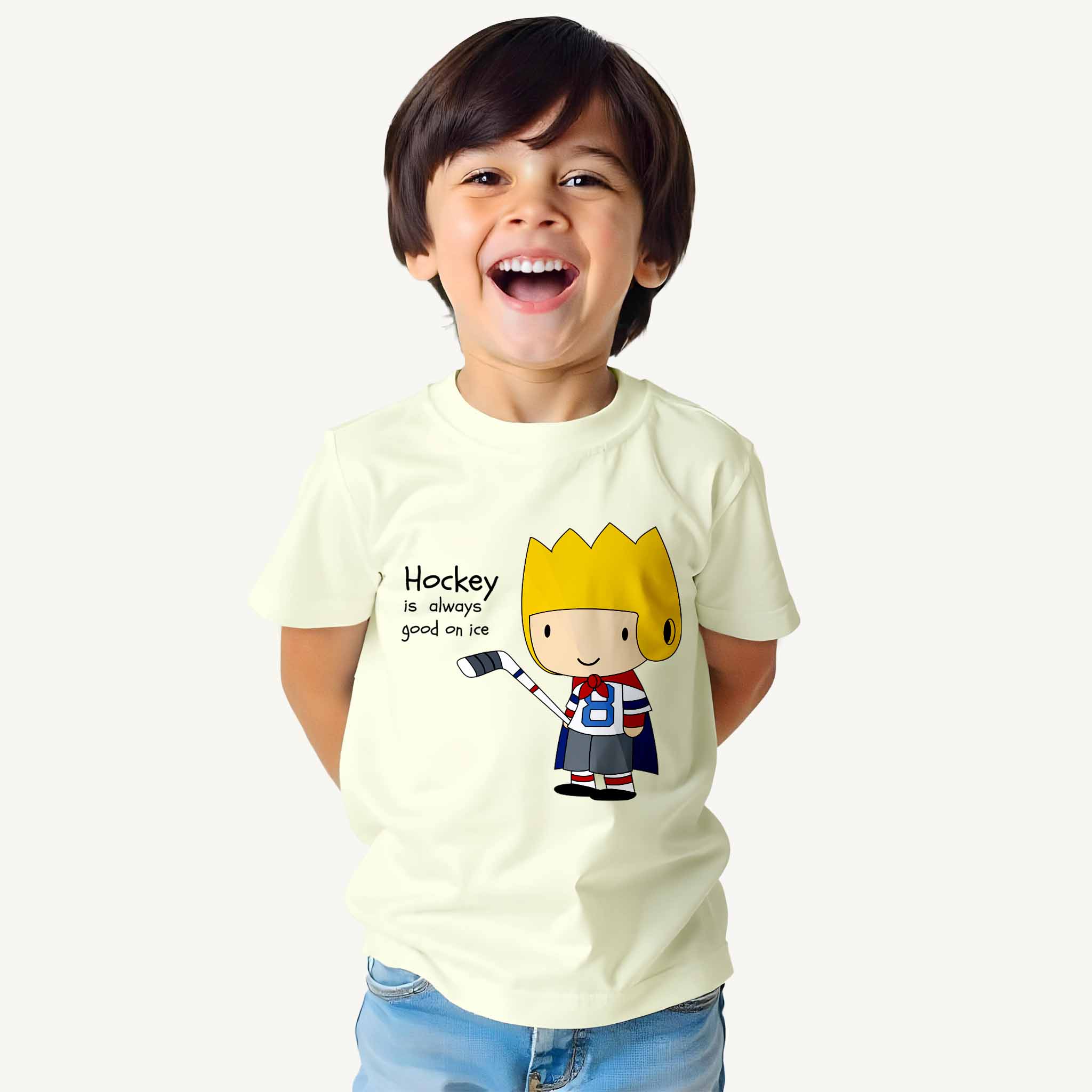Child wearing a t-shirt with a cartoon character and text on a white background