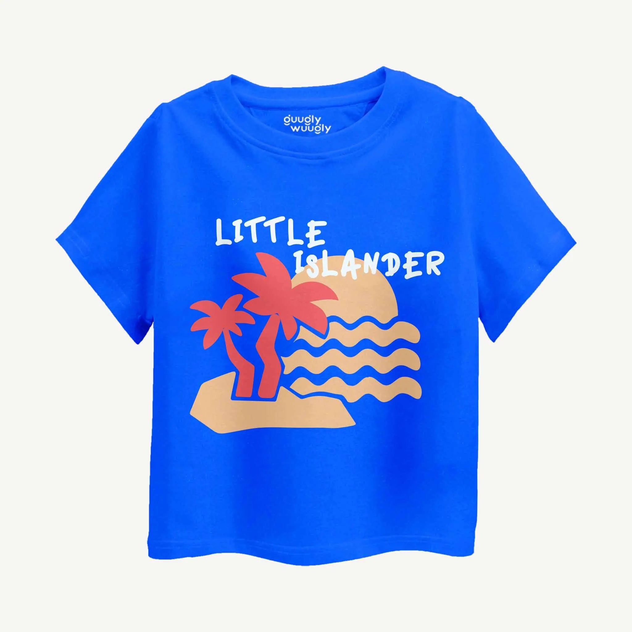 Blue t-shirt with 'Little Islander' design and palm tree graphic on a white background