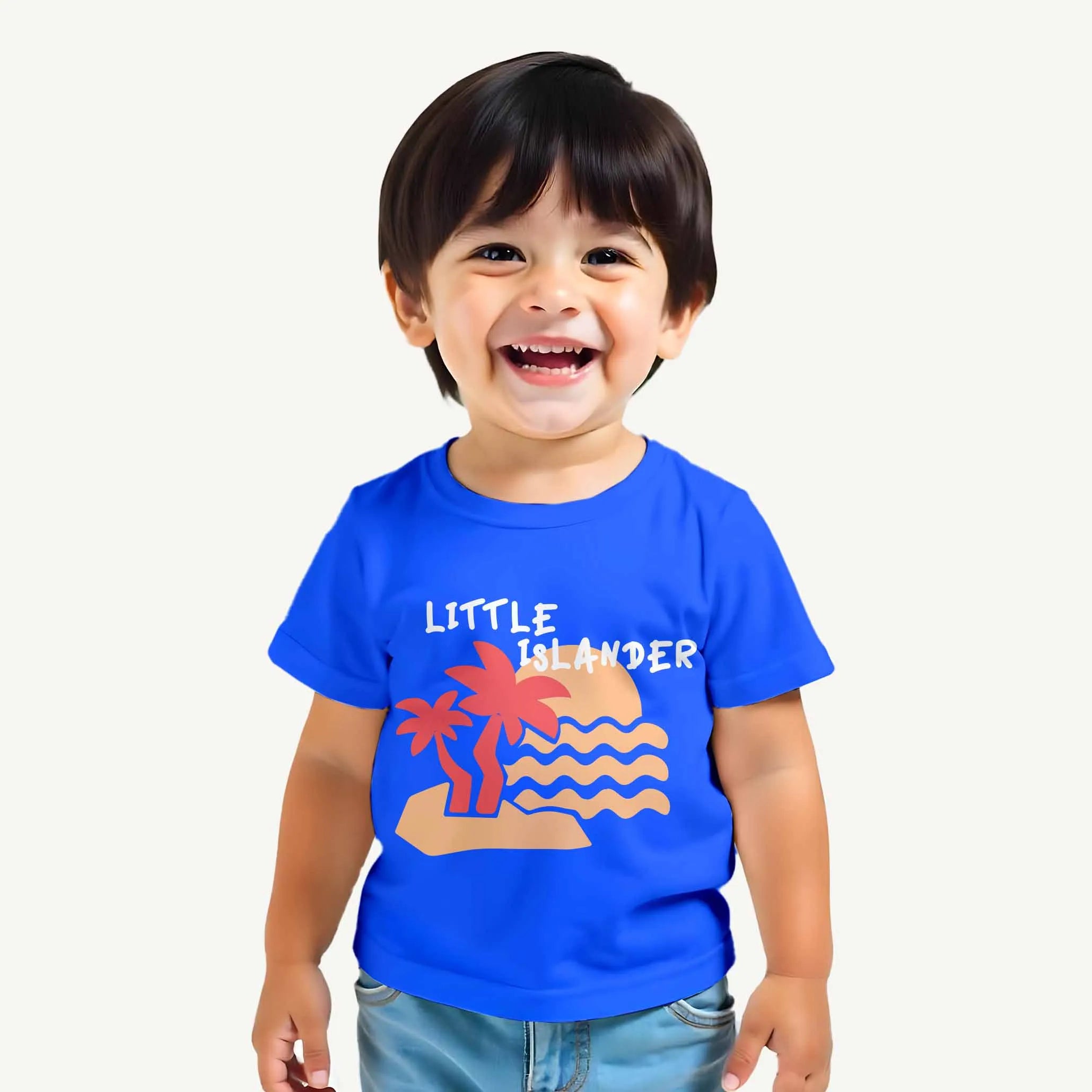 Child wearing a blue t-shirt with a colorful graphic design on a white background