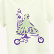 T-shirt with a graphic of a person in a raincoat with 'London' text and Big Ben in the background.