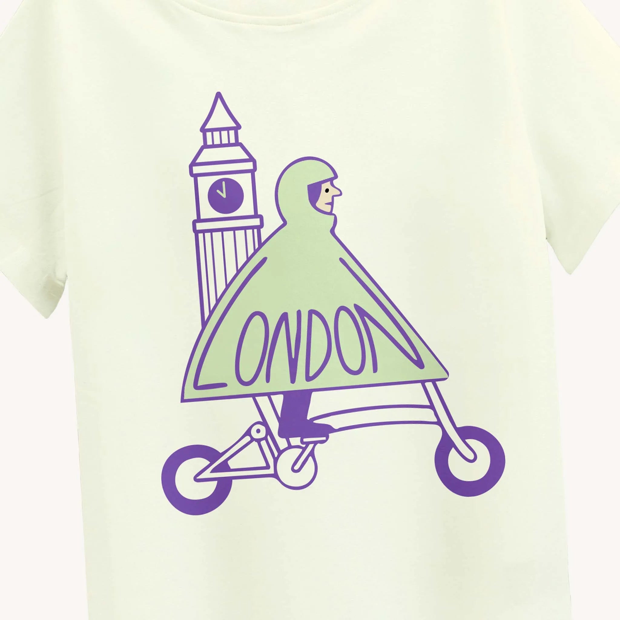 T-shirt with a graphic of a person in a raincoat with 'London' text and Big Ben in the background.