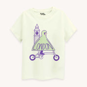 Off-white t-shirt with a graphic design of a person on a scooter with Big Ben in the background, labeled 'London'.
