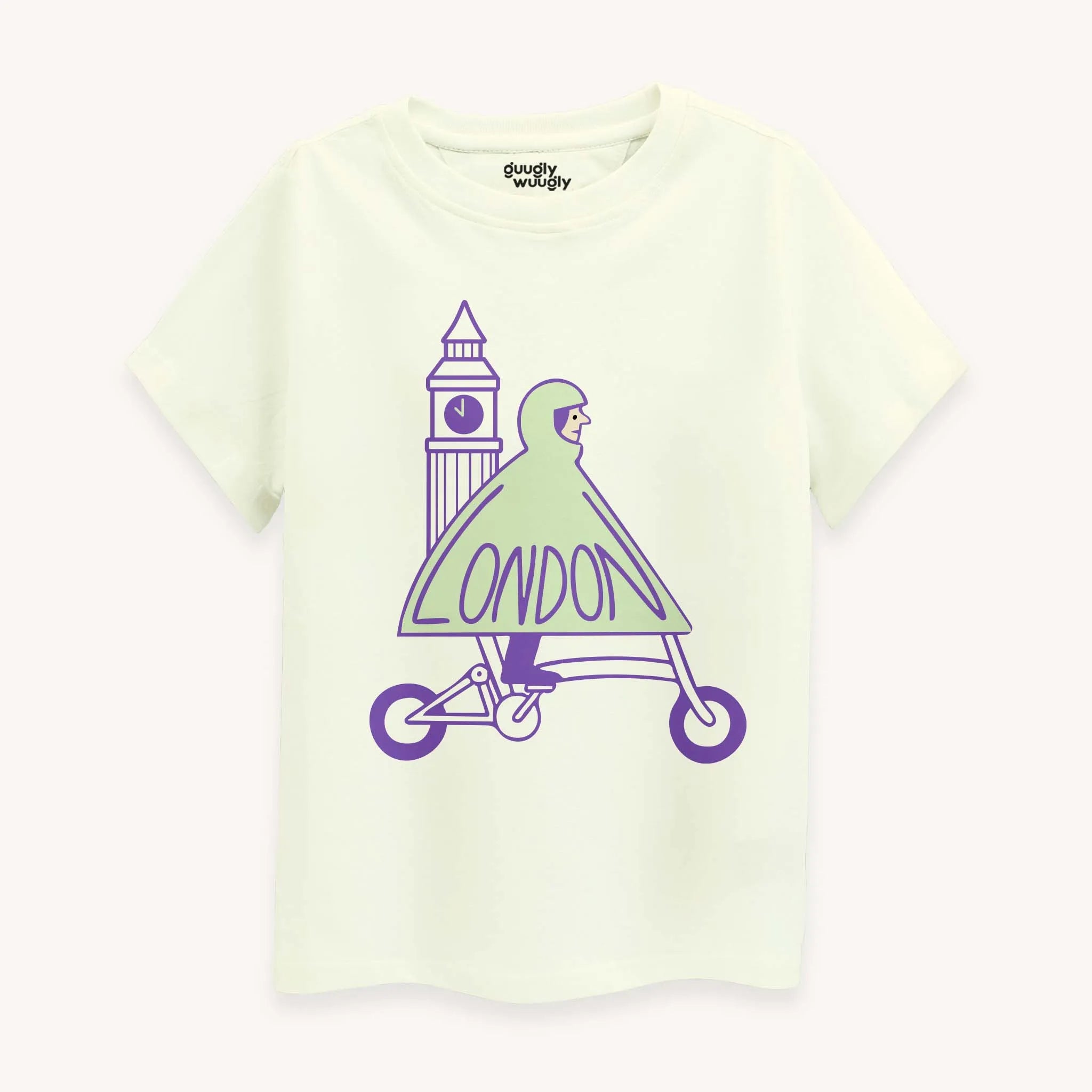 Off-white t-shirt with a graphic design of a person on a scooter with Big Ben in the background, labeled 'London'.