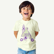 Child wearing a off-white t-shirt with a purple graphic design on a white background