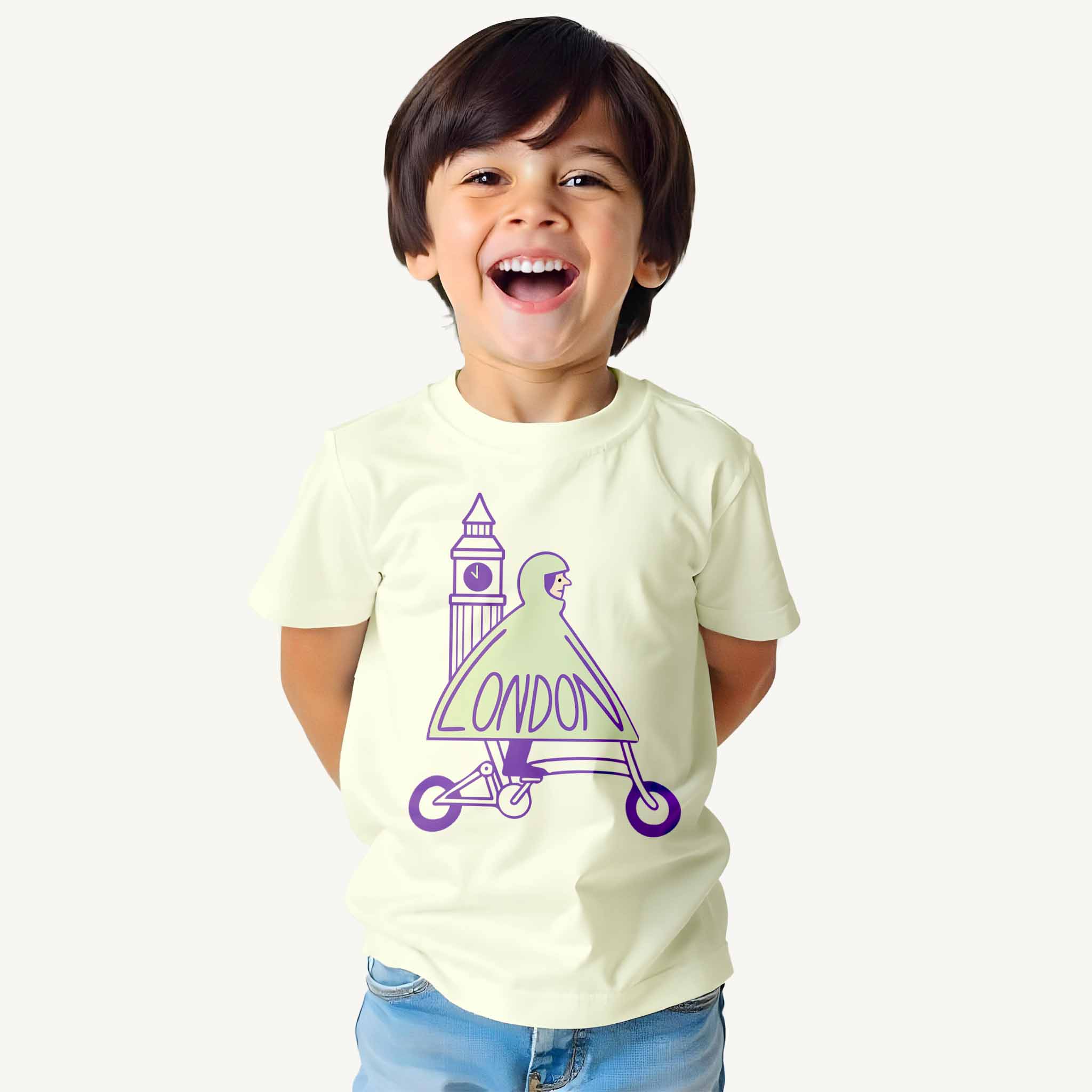 Child wearing a off-white t-shirt with a purple graphic design on a white background