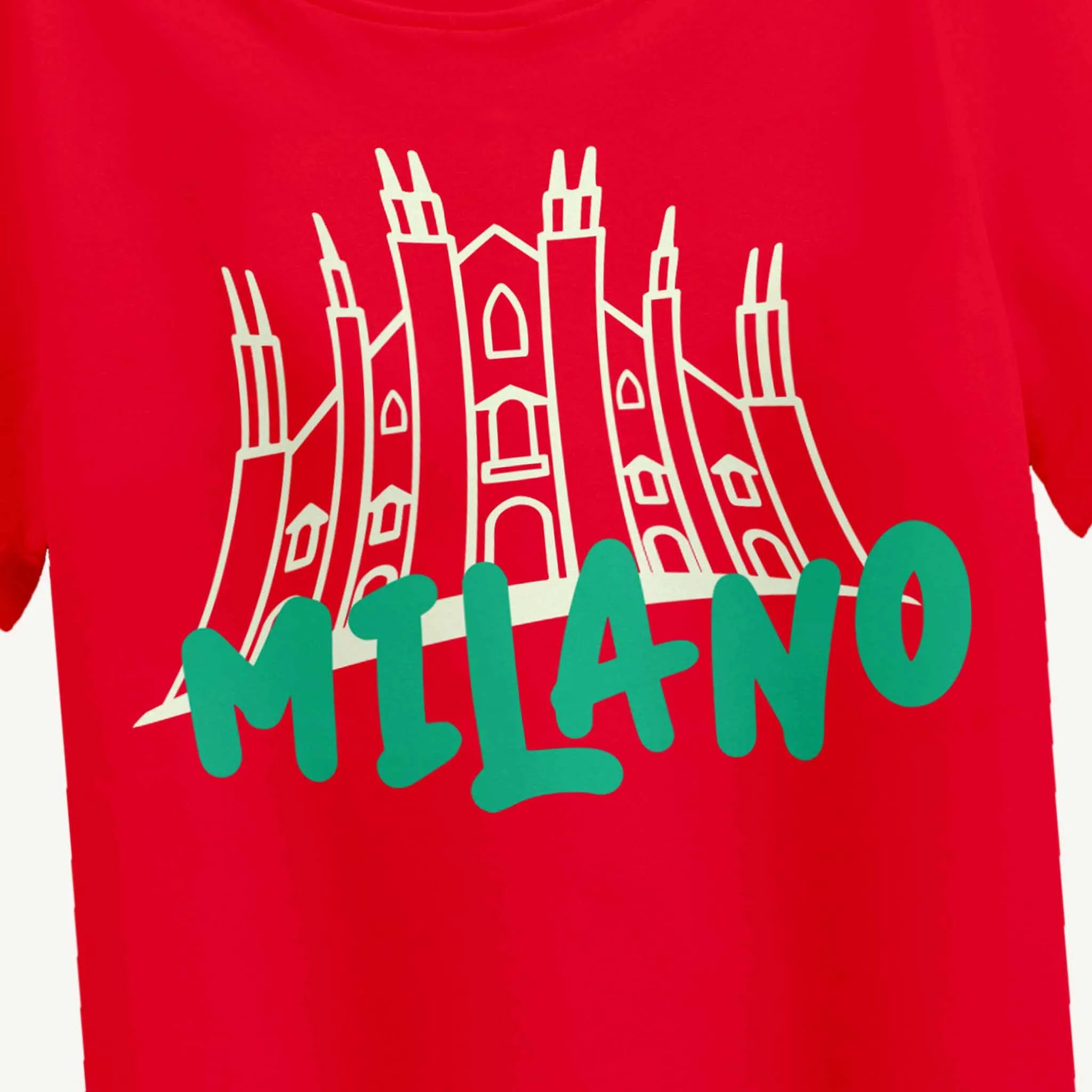Red t-shirt with white architectural design and green 'MILANO' text on a plain background