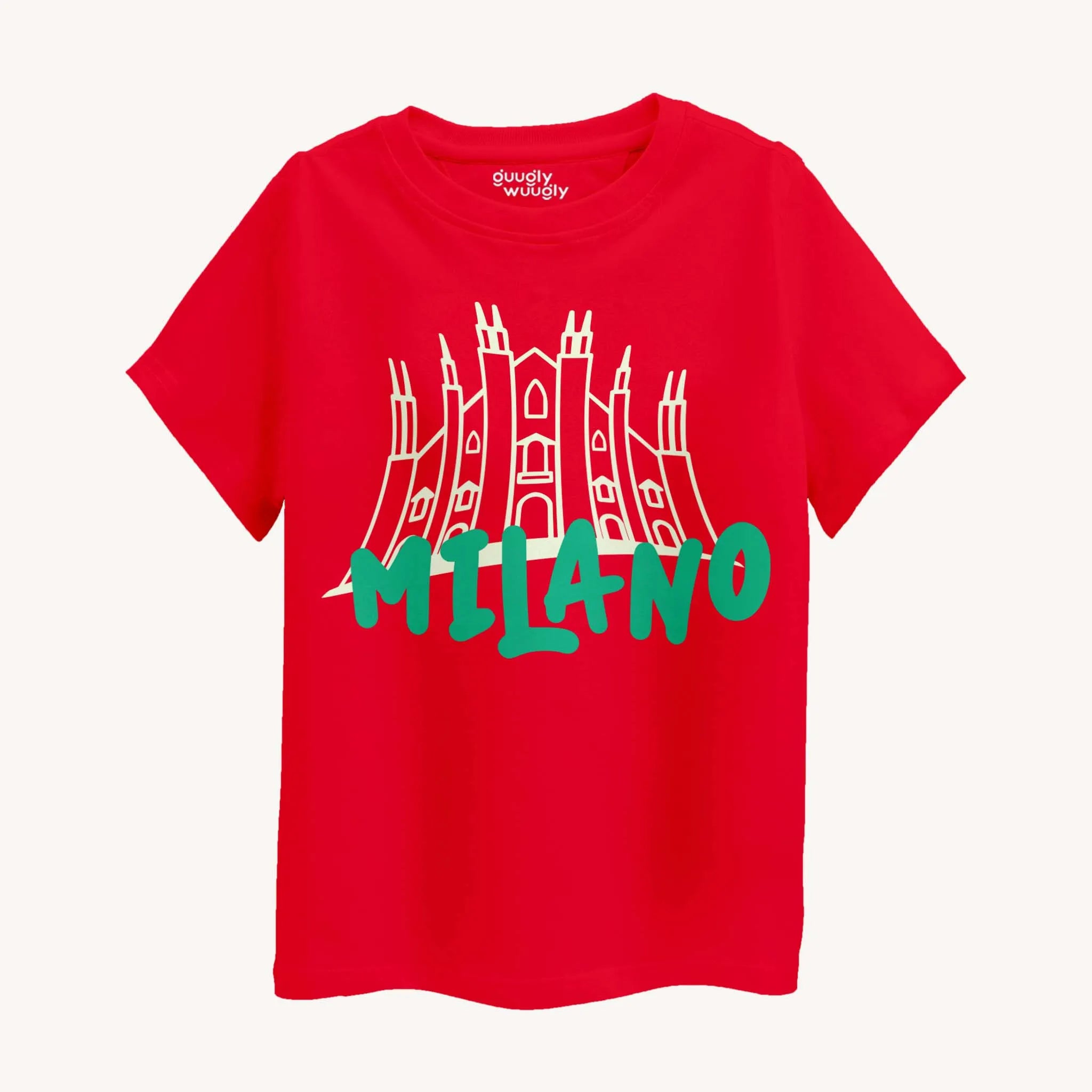 Red t-shirt with a graphic of a cathedral and 'MILANO' text on a white background