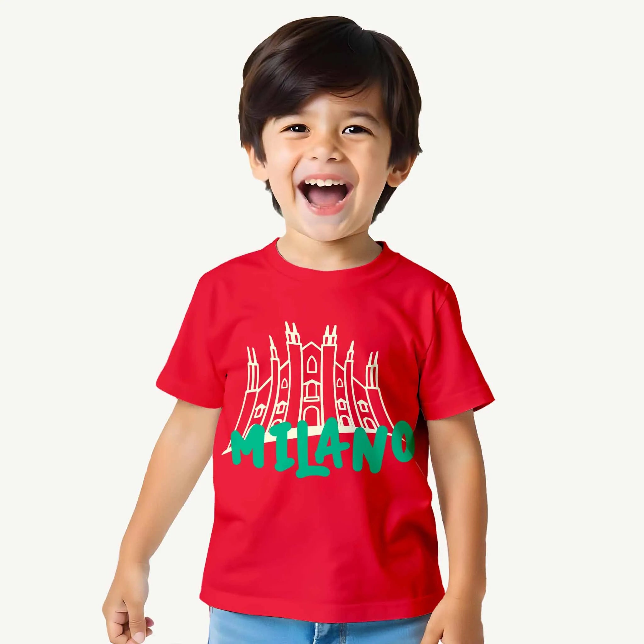 Child wearing a red t-shirt with 'Milano' design on a white background