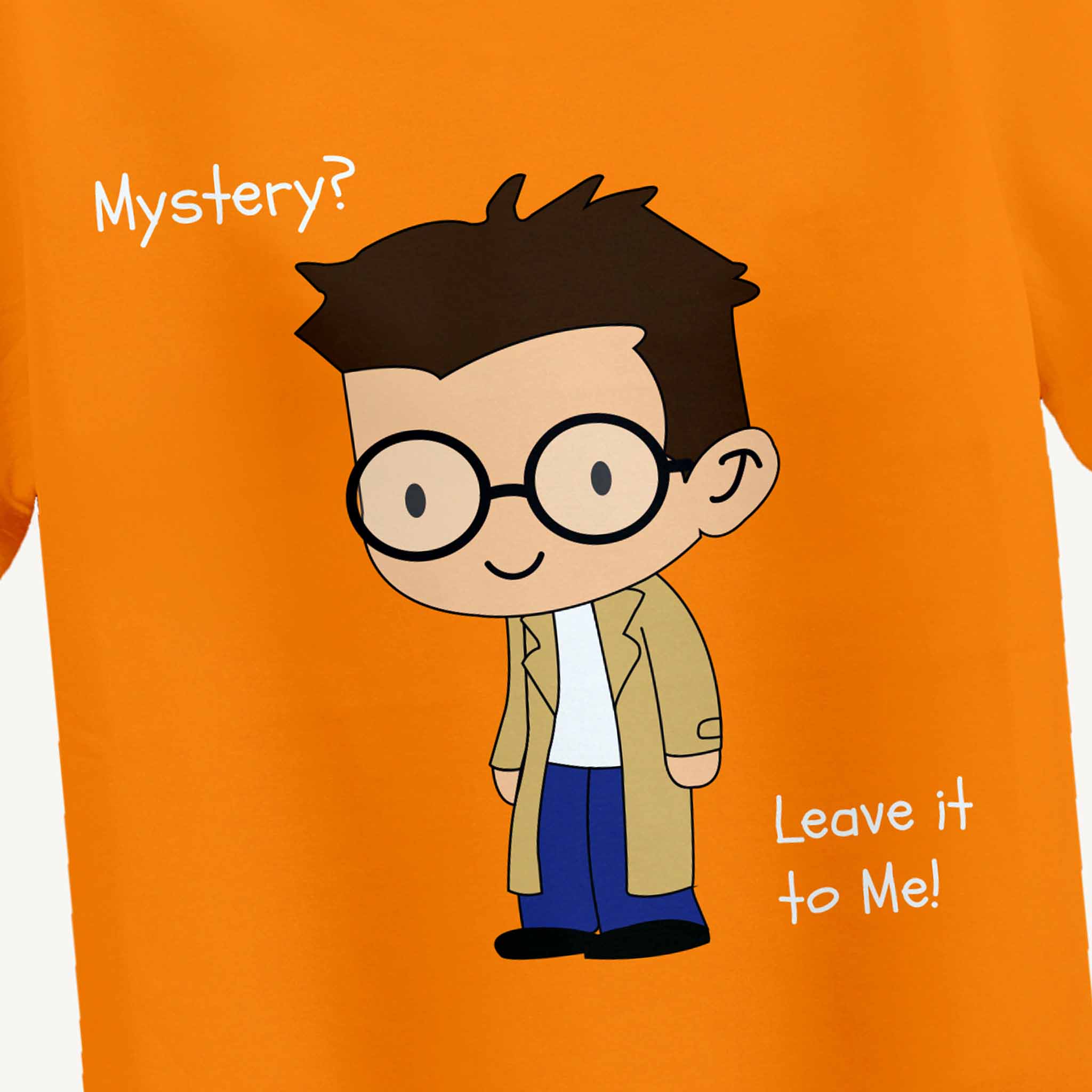Orange t-shirt with a cartoon character and text on an orange background