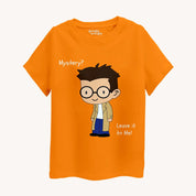 Orange t-shirt with a cartoon character and text on a white background