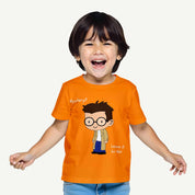 Child wearing an orange t-shirt with a cartoon character and text on a white background