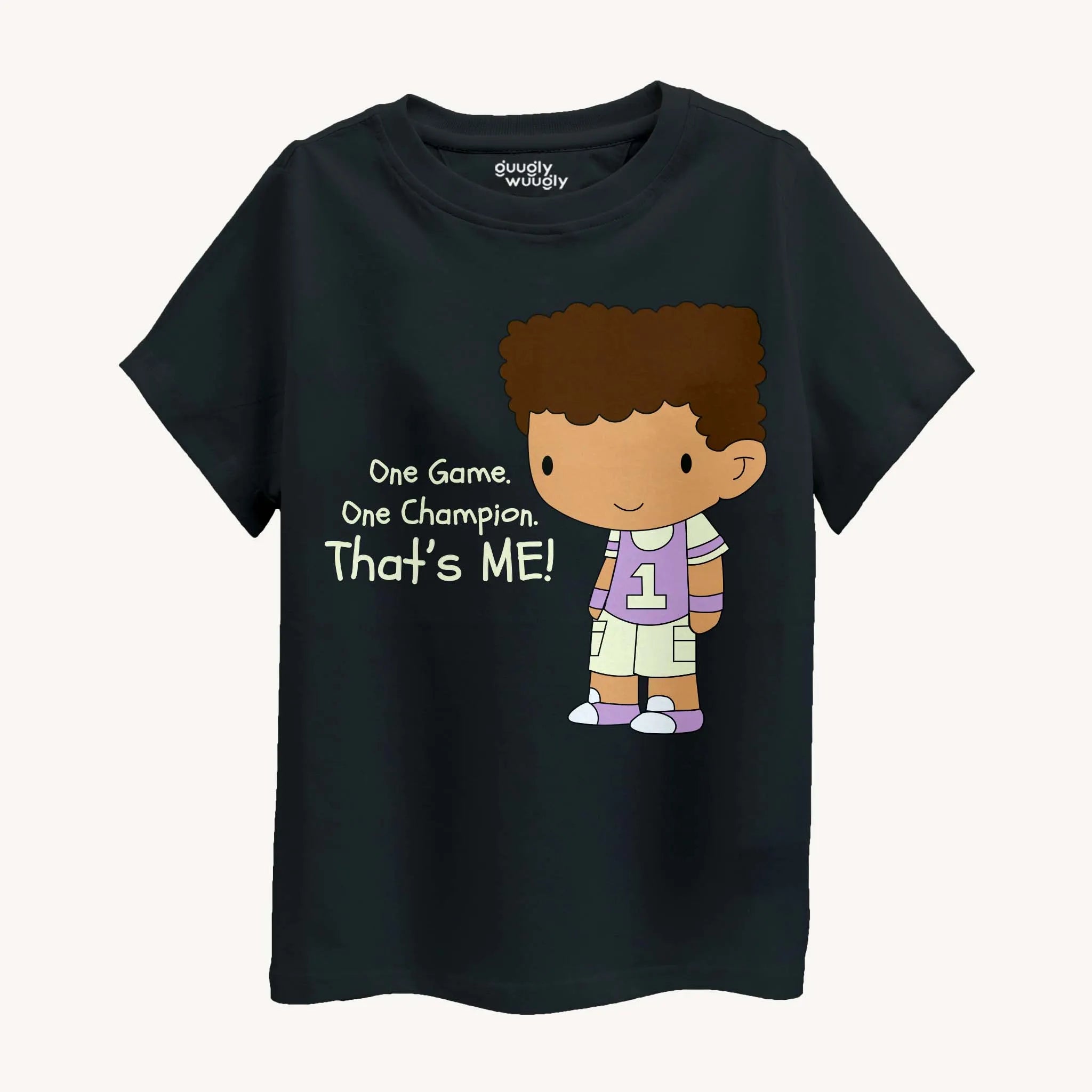 Black t-shirt with a cartoon character and text on a white background