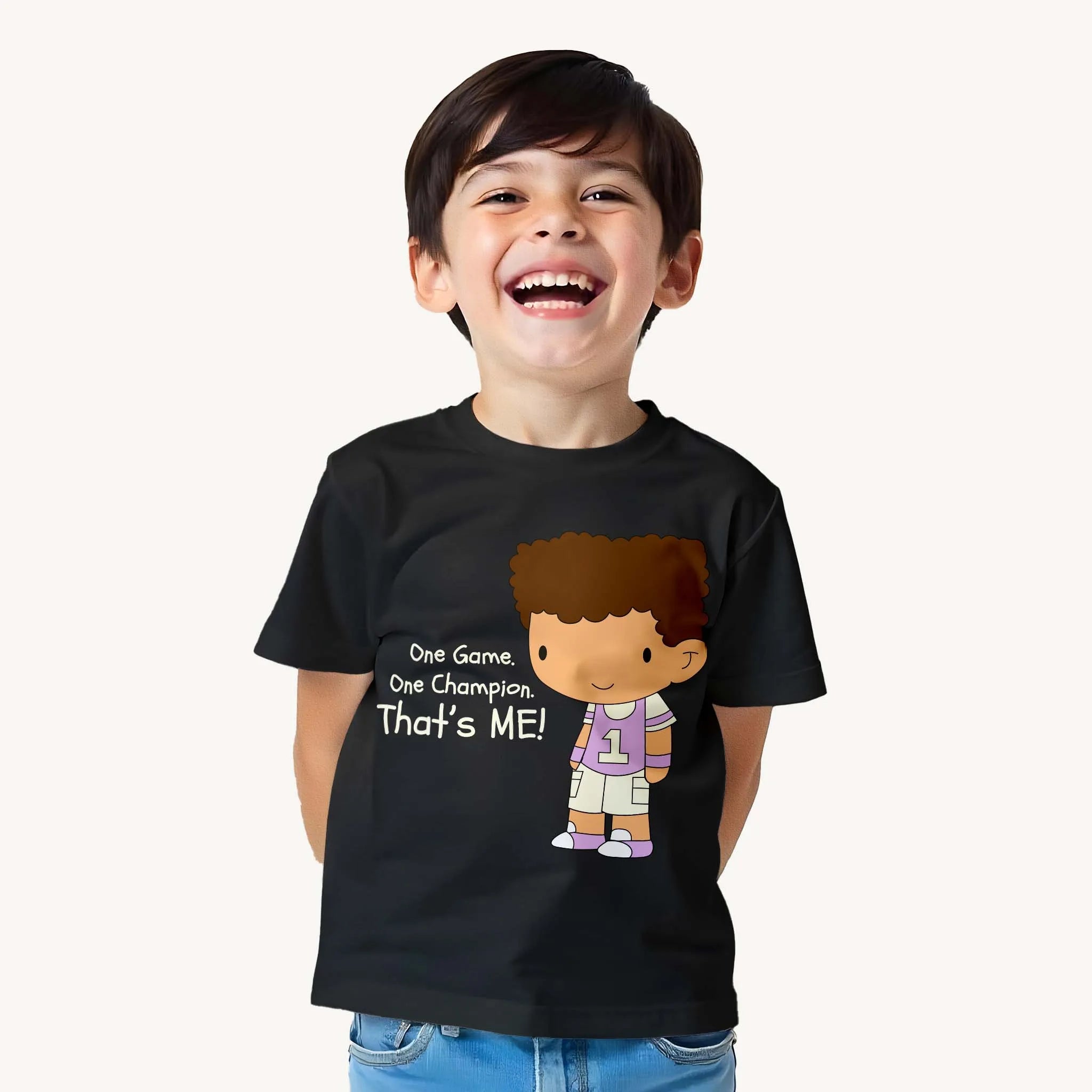 Child wearing a black t-shirt with a cartoon character and text on a white background