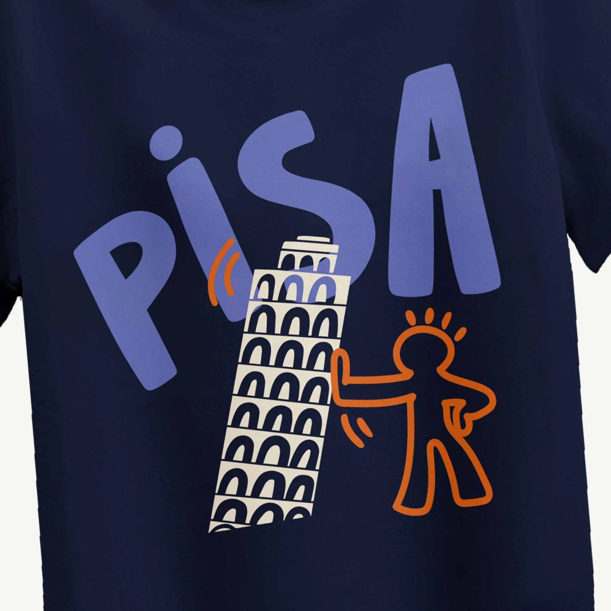 Navy blue t-shirt with 'Pisa' and Leaning Tower of Pisa graphic