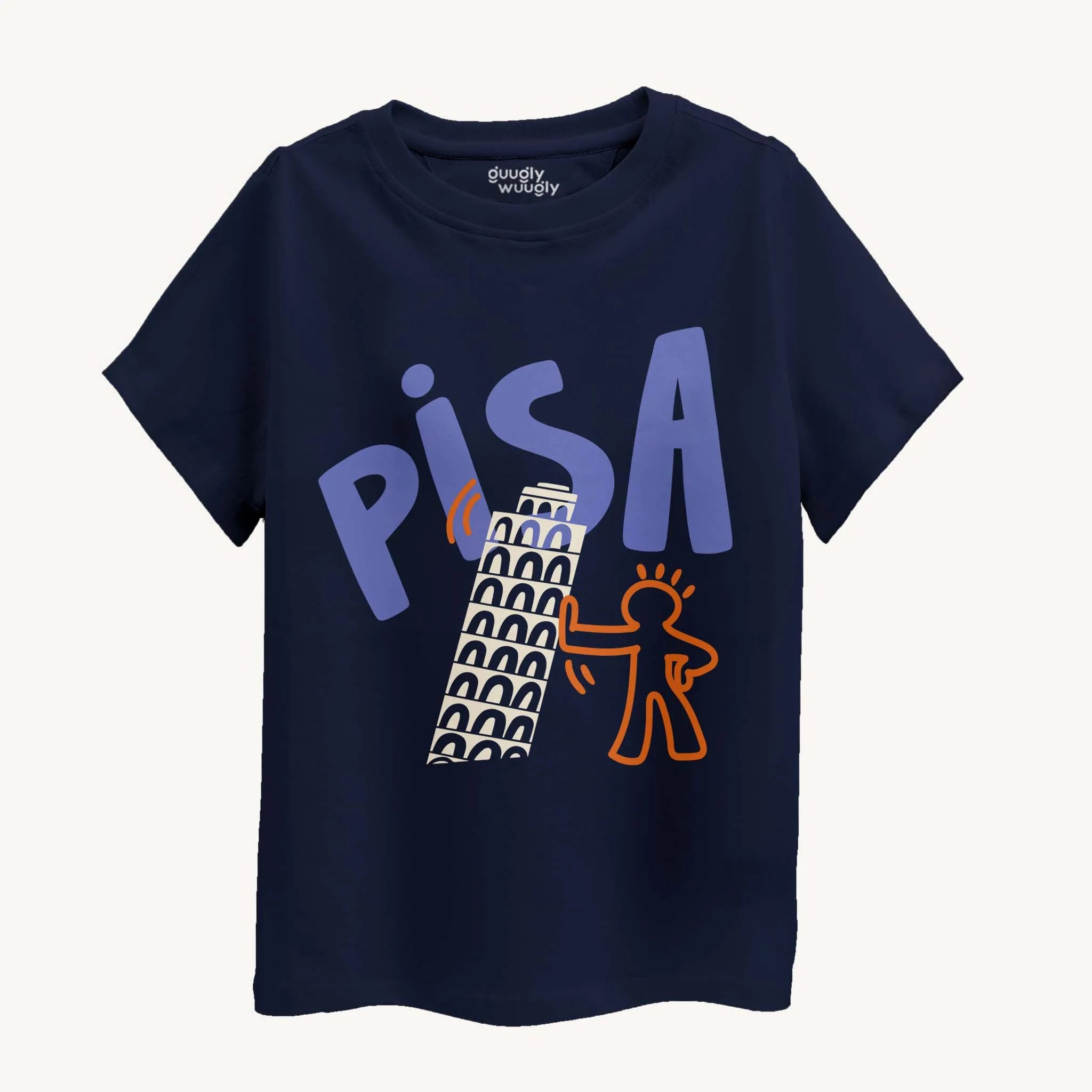 Navy blue t-shirt with 'PISA' and leaning tower graphic on a white background