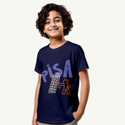 Child wearing a navy blue t-shirt with 'PISA' and a tower design on a white background