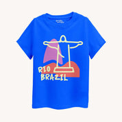 Blue t-shirt with a colorful graphic of the Statue of Liberty and 'Rio Brazil' text on a white background