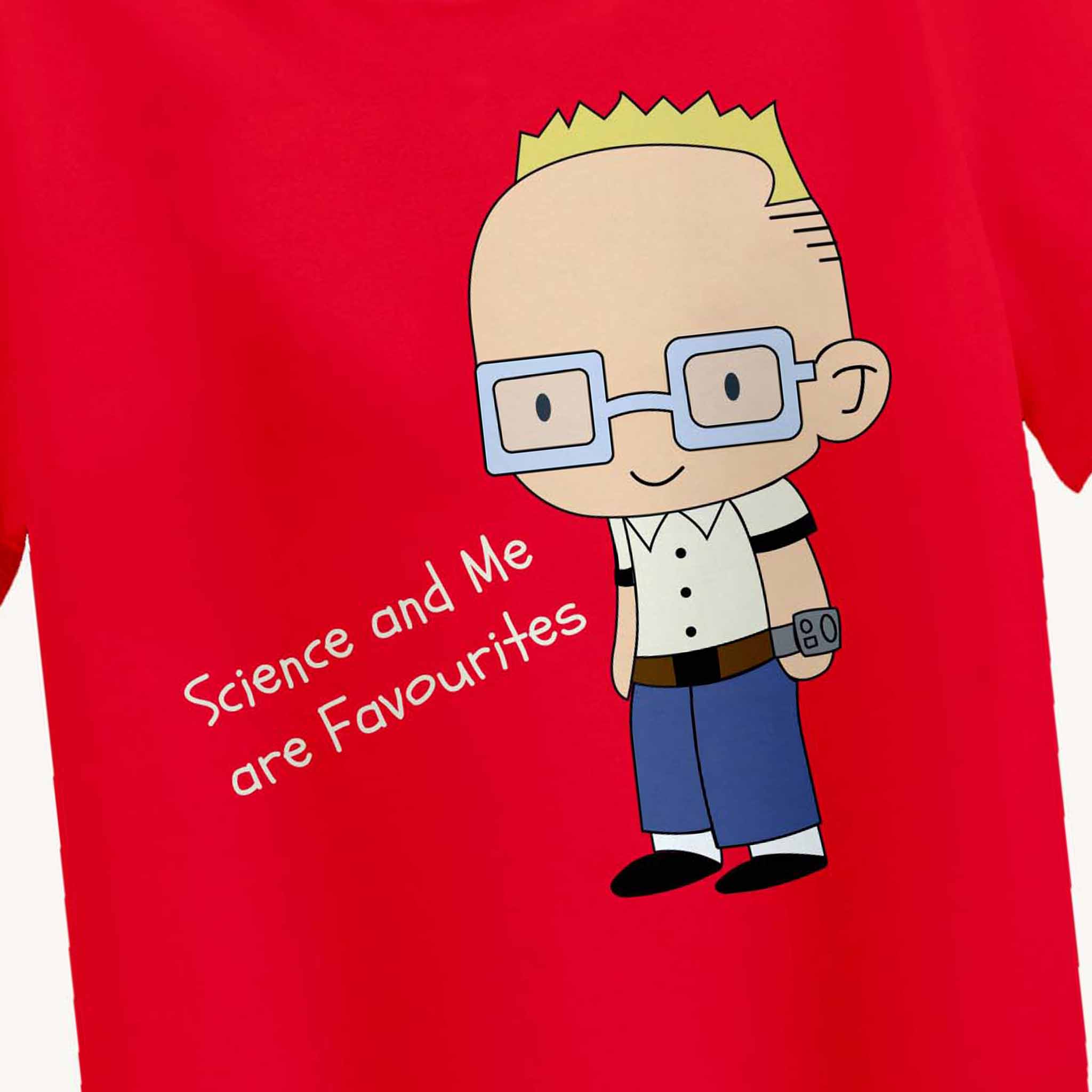 Red t-shirt with a cartoon character and text 'Science and Me are Favourites' on a red background