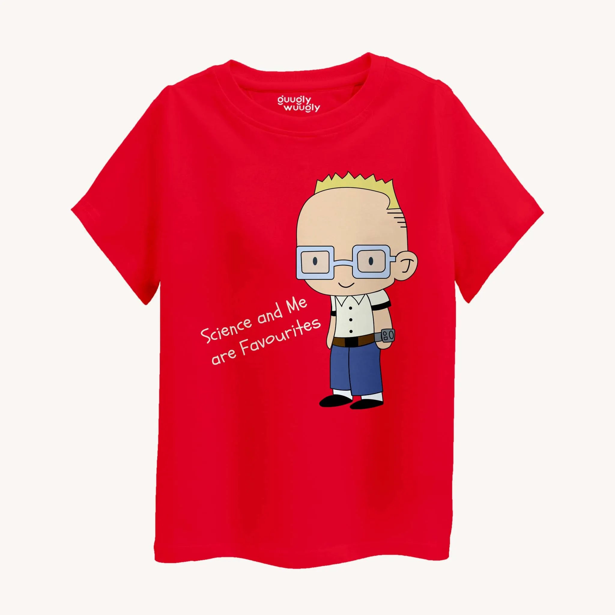 Red t-shirt with a cartoon character and text on a white background