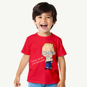 Child wearing a red t-shirt with a cartoon character and text on a white background