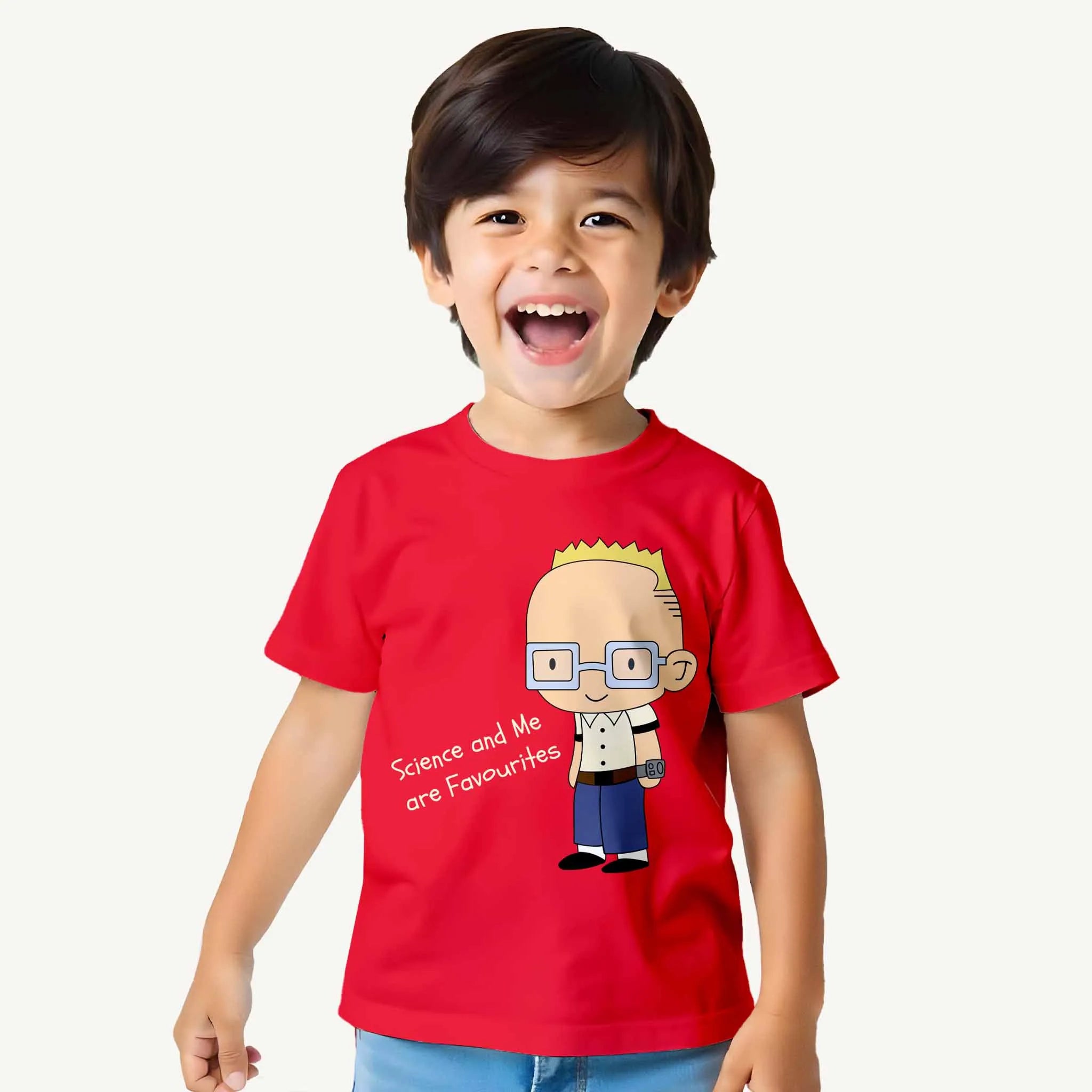 Child wearing a red t-shirt with a cartoon character and text on a white background