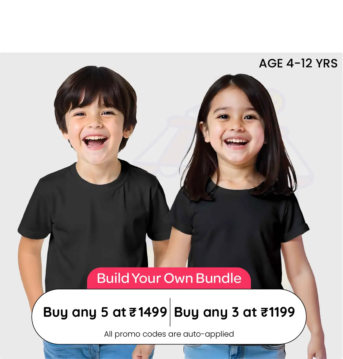 Two children wearing black shirts with promotional text overlay on a white background.