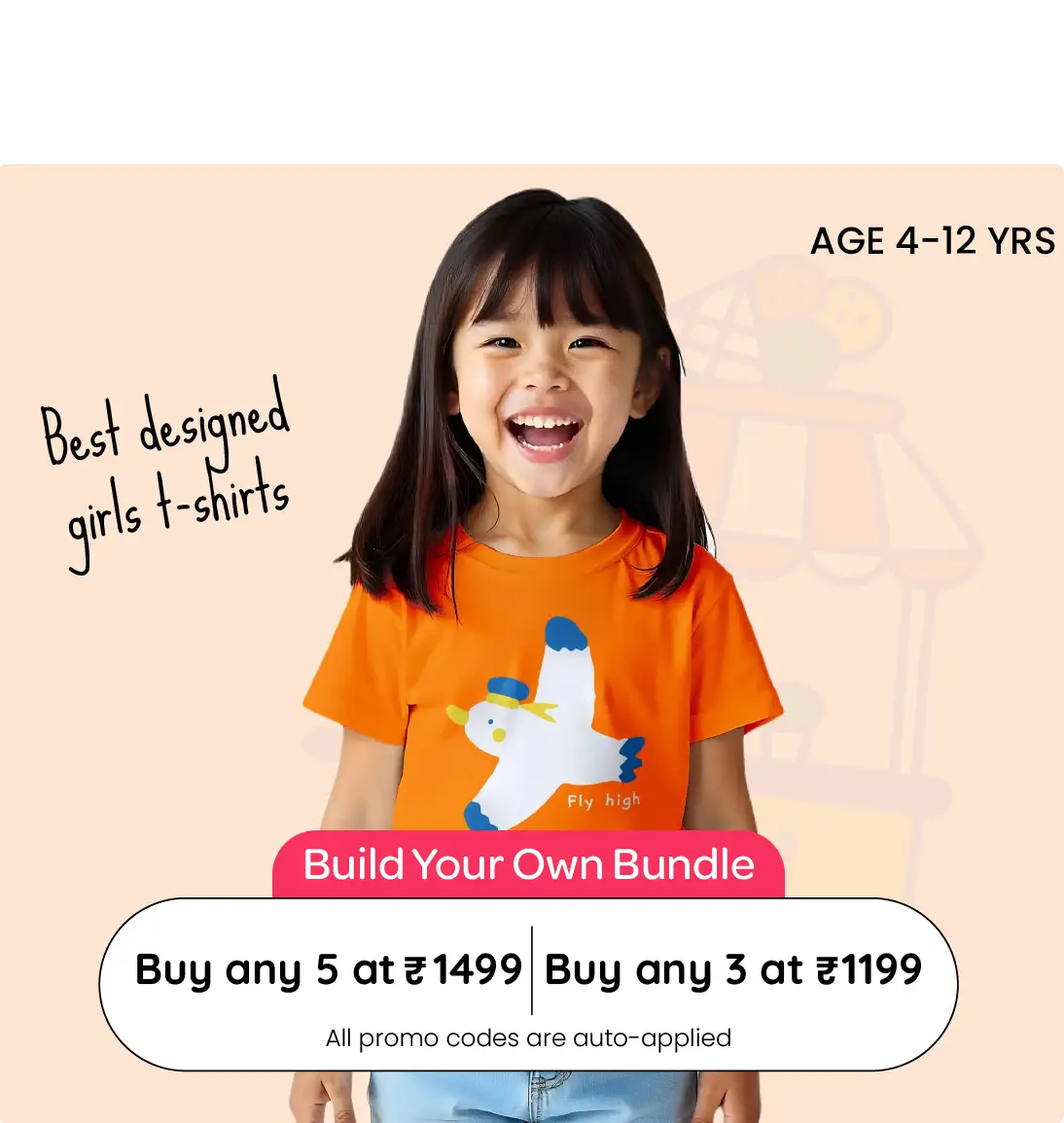 Child wearing an orange t-shirt with a graphic design on a promotional background.