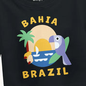 Black t-shirt with 'Bahia Brazil' design featuring a parrot, palm tree, and beach.