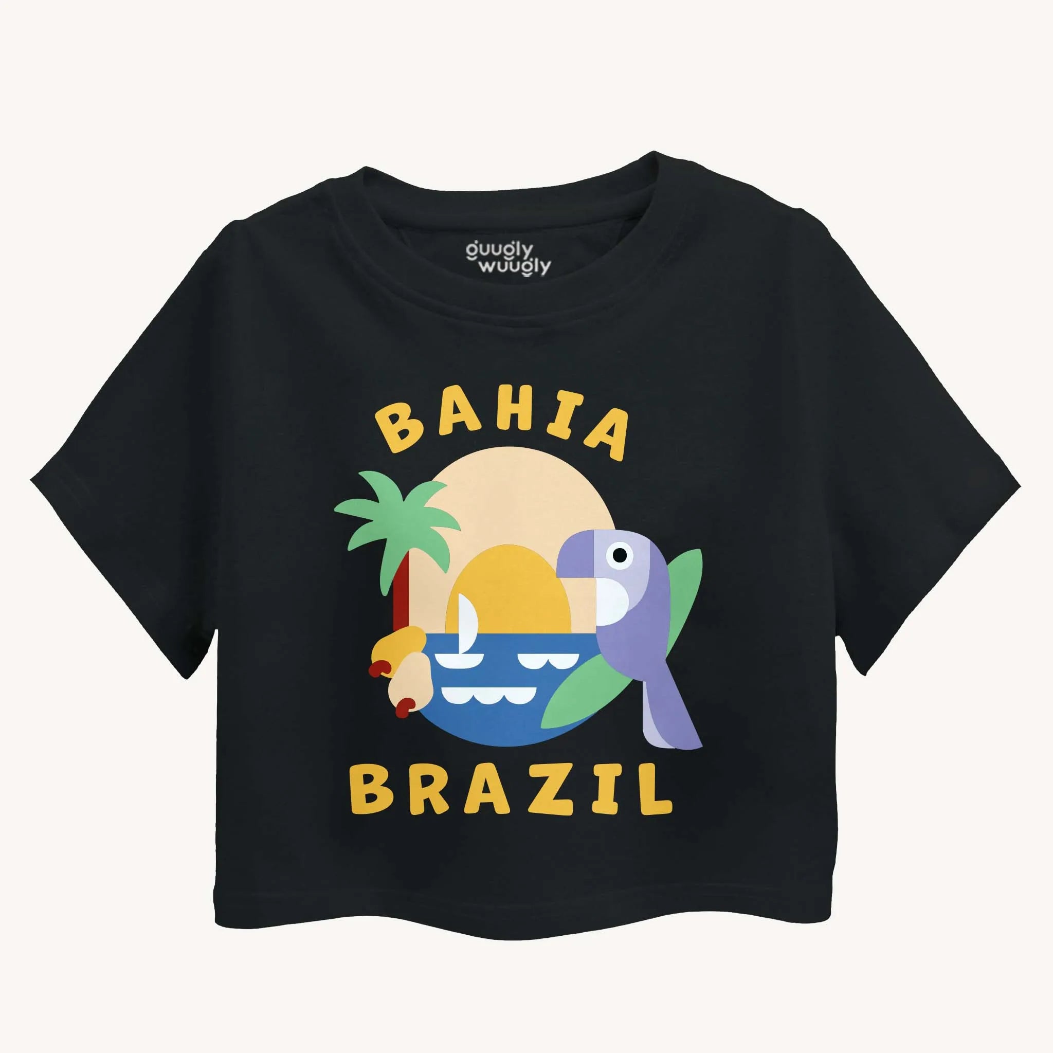 Black t-shirt with 'Bahia Brazil' design featuring a parrot, palm tree, and sun on a white background.