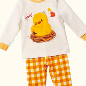 Children's pajama set with a chick design on the shirt and checkered pants.