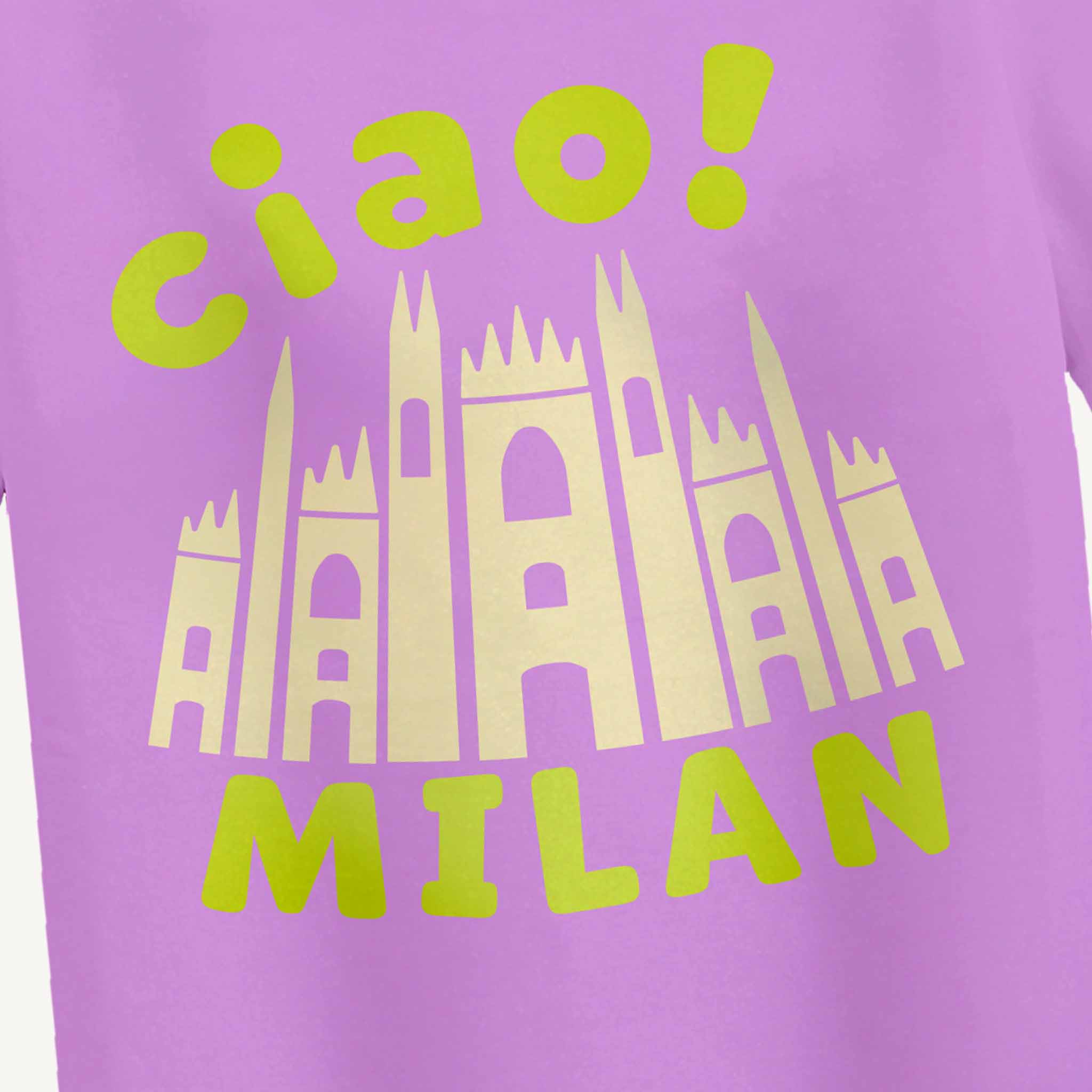 Lavender t-shirt with green text and beige architectural design, featuring the word 'ciao!' and 'MILAN'.