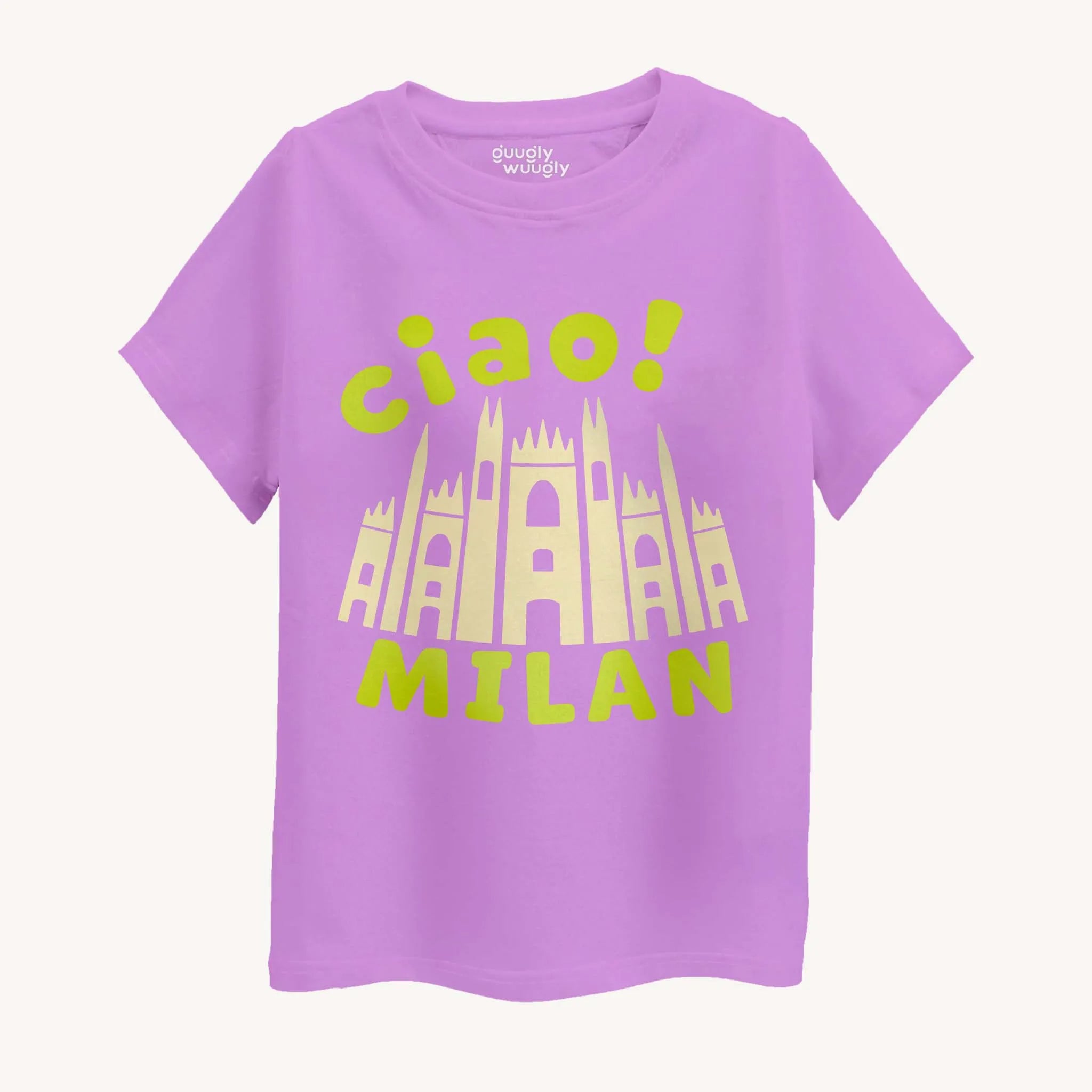 lavender t-shirt with 'ciao! MILAN' text and cathedral graphic on a white background