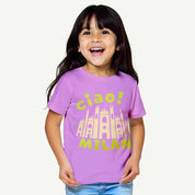 Child wearing a lavender t-shirt with 'Ciao! Milan' design on a white background