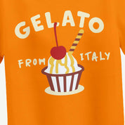 Orange t-shirt with a gelato illustration and 'Gelato from Italy' text on an orange background