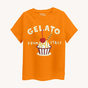 Orange t-shirt with a gelato graphic and text on a white background