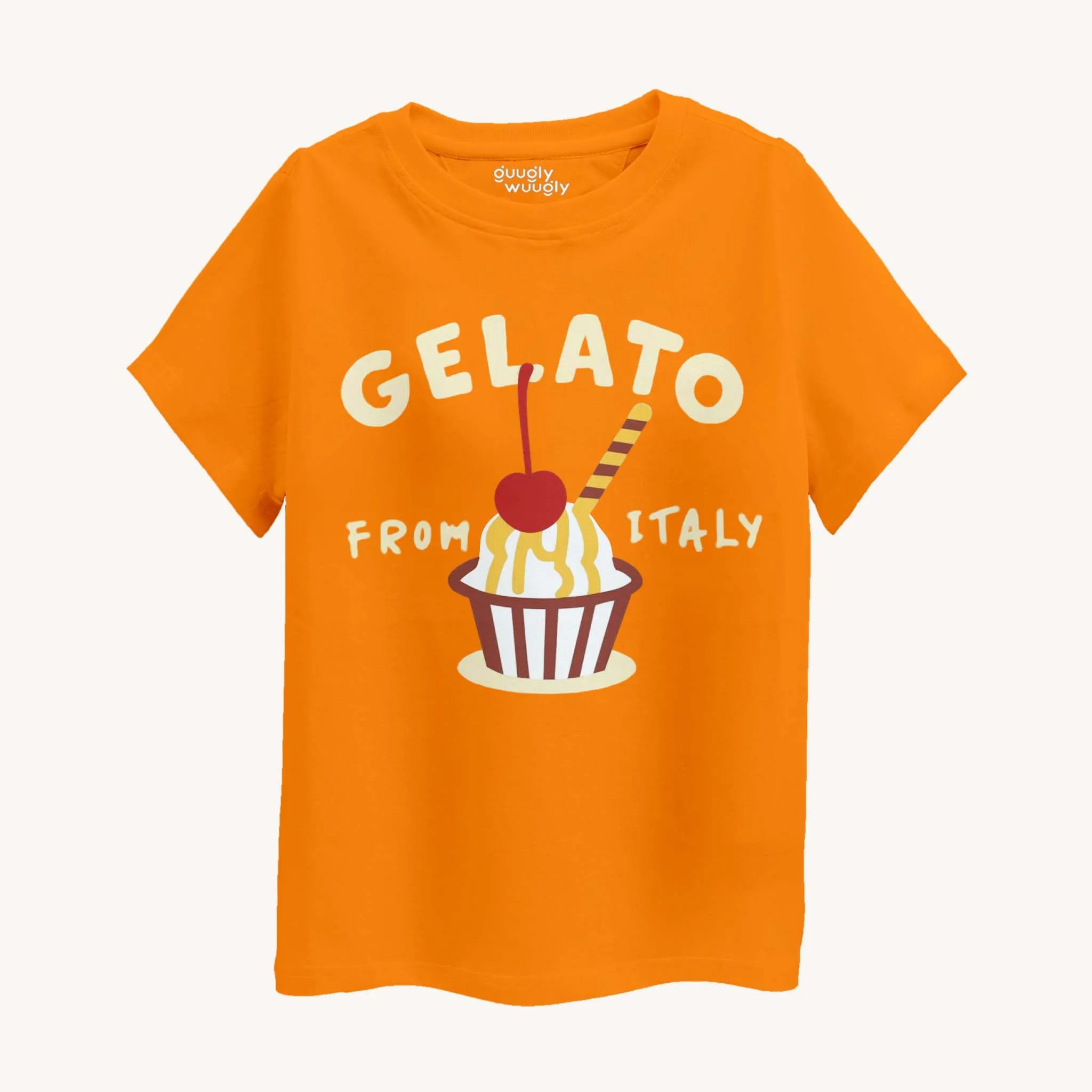 Orange t-shirt with a gelato graphic and text on a white background