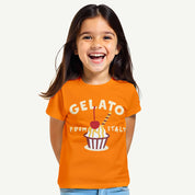 Child wearing an orange t-shirt with 'Gelato from Italy' design on a white background